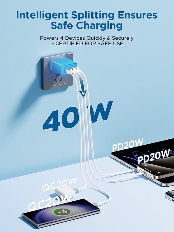 40W USB C Charger Block, 4-Port Type C Fast Charging Brick Dual PD&QC Wall Plug Adapter Wall Charger for iPhone 17/16/16 Pro/ 16 Pro Max/15/14/13/12, iPad, Airpods, iwatch, Samsung Galaxy