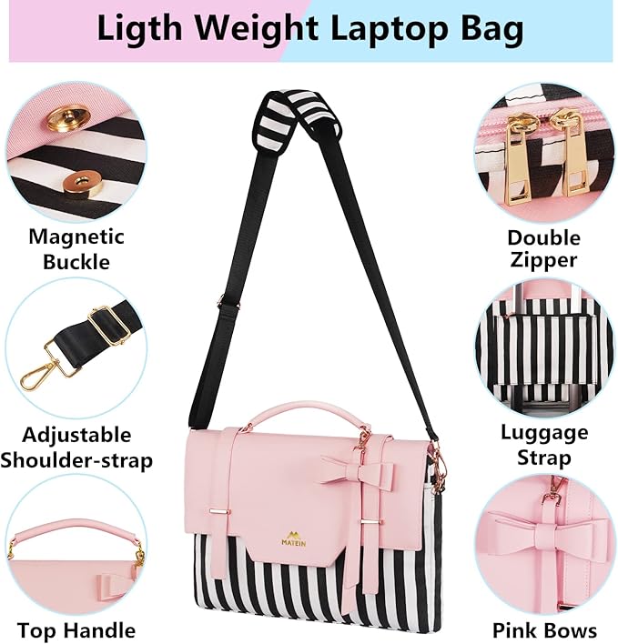 MATEIN Laptop Bag for Women, 17 inch Cute Computer Briefcase Laptop Carrying Case, Lightweight Messenger Sleeves Shoulder Work Tote Bag with Bow & RFID Pocket Gifts for College Office Business, Pink
