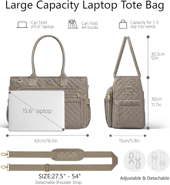 Bagstellar Teacher Bags for Women, 15.6 inch Laptop Work Tote Bag Quilted Nurse Bible Computer Shoulder Bag for School Travel | Dream Tote Work Bag, with 40oz Cup Holder, Insulated Pocket, Zipper & Strap, Office Briefcase, Ideal Gift for Women