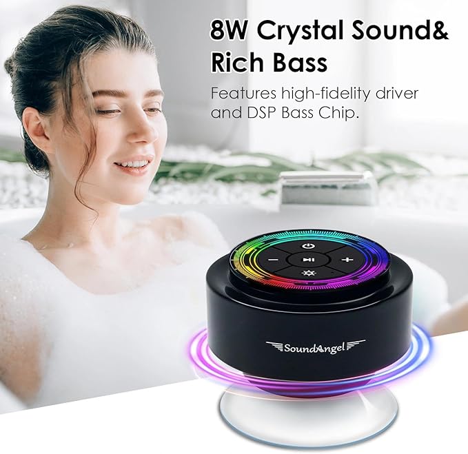 XLeader Pro Bluetooth Shower Speaker (Upgraded) Certified IPX7 Waterproof, 8W Crystal Sound&Rich Bass, 15H Playtime, with RGB Lights, Suction Cup, Silicone Lanyard, Ideal Gifts, SoundAngel Mate(2 Gen)