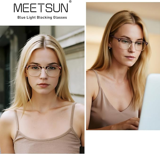 MEETSUN Blue Light Glasses Retro Half Frame Clear Lens - Anti-Eyestrain for Computer, Gaming & Phone Use | Women Men Fashion Bluelight Glasses(Tortoiseshell Frame+Brown Frame / 2 PACK)