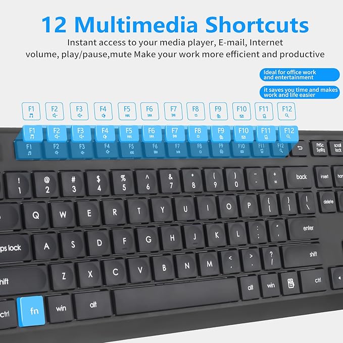 HUO JI Silent Wireless Keyboard and Mouse Combo, 2.4G Full-Size Thin Computer Keyboard Set, Quiet and Soft Ergonomic Wireless Keyboard Mouse for Windows, Laptop/PC/PS/Mac Desktop, Black