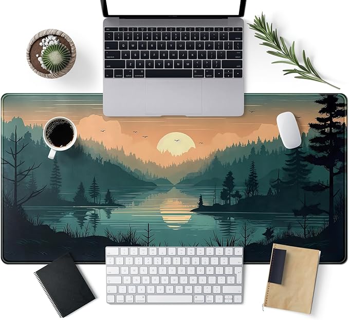 Sunset Lake Desk Mat Scenic Forest Large Mouse Pad Extended Gaming Mousepad XXL Green Pine Color Mountain Nature Keyboard Pad Sunset Mountains Landscape Big Mouse Mat Desk Decor 31.5x15.7 in