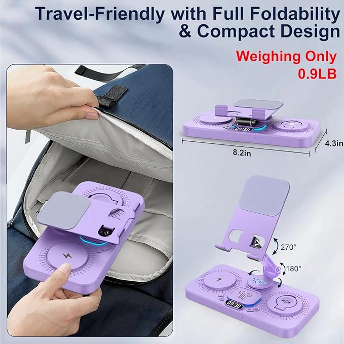 30W Charging Station for Apple Products, Foldable Wireless Charger with Clock Display&7 Color Light, Wired Charging for iPad/Tablet Charging Station for iPhone17, for Apple Watch11 for AirPods4(Purple