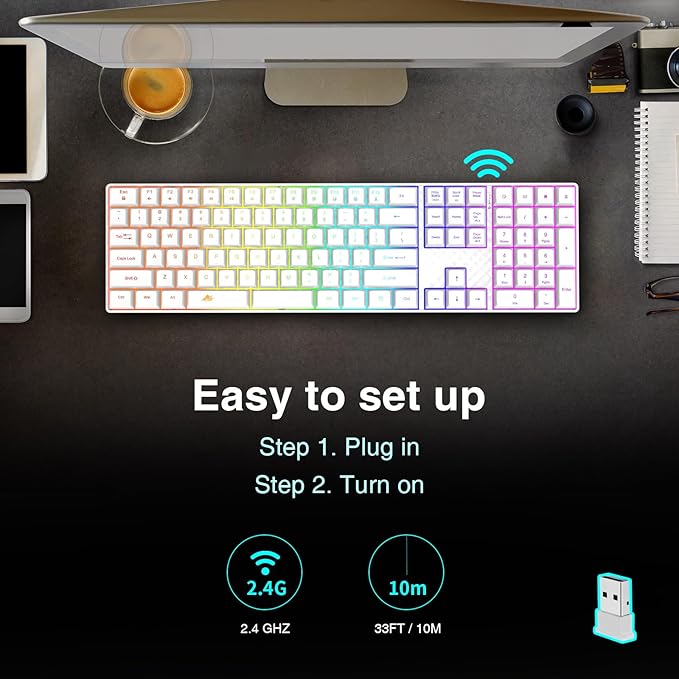 Wireless Backlit Keyboard Quiet - Computer Rechargeable Ergonomic Light UP Keyboard, Silent Keys Full Size Compatible for Windows, Desktop, Laptop, PC, Gaming, PS5 - White