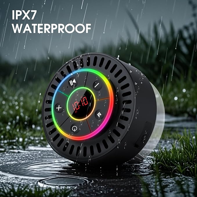 Bluetooth Speaker, Shower Speaker IPX7 Waterproof, Speakers Bluetooth Wireless with Rich Bass, Portable Speaker with LED Light, Suction Cup,8H Playtime, for Bathroom Party Beach, Ideal Gifts, Black