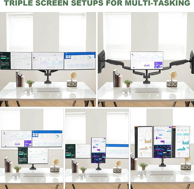 UPGRAVITY Triple Monitor Stand for Three Computer Screens up to 32”, Heavy Duty C-Clamp Base, Fully Adjustable Gas Spring 3 Monitor Desk Mount Arms Hold up to 30.9 lbs Each