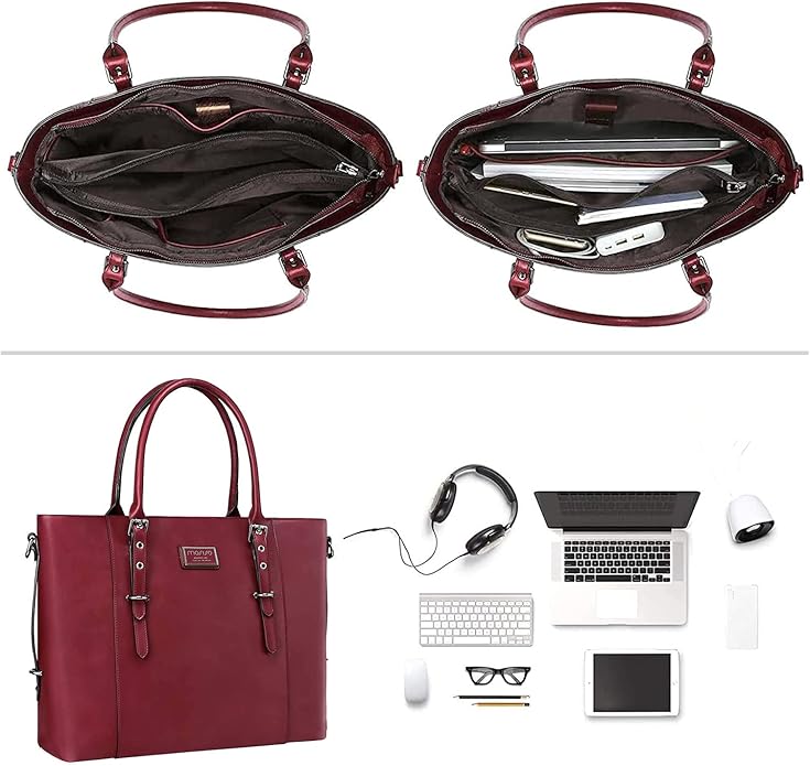 MOSISO Laptop Bag for Women, Waterproof Vintage PU Leather Briefcase Shoulder Computer Laptop Tote Bag for Office Work