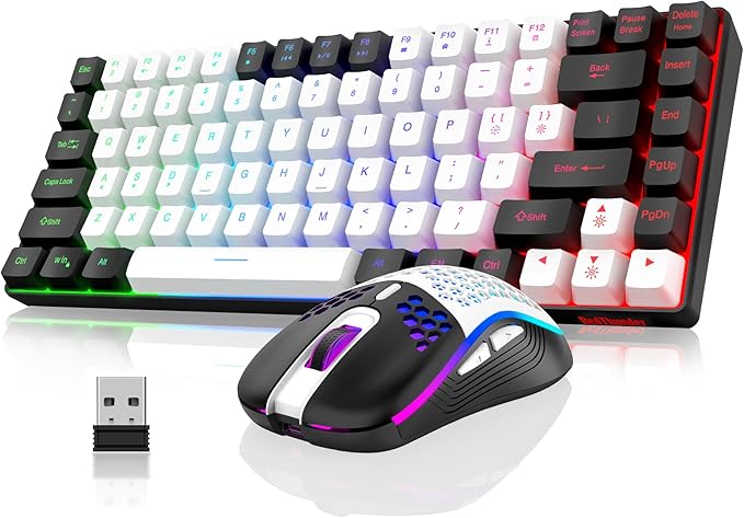 RedThunder K84 Wireless Keyboard and Mouse Combo, LED Rainbow Backlit Rechargeable Battery, 75% Layout TKL Ultra Compact Gaming Keyboard & Lightweight 3200 DPI Honeycomb Optical Mouse (White-Black)