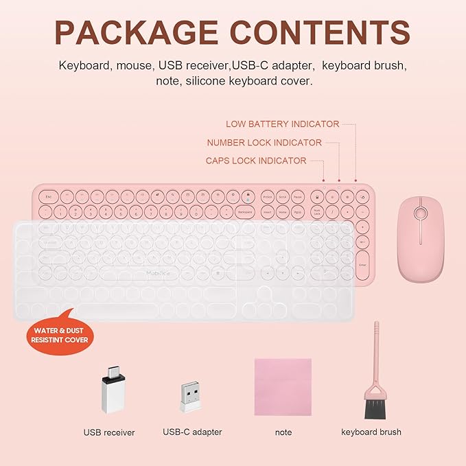 Cute Wireless Keyboard and Mouse Combo Slim 2.4GHz USB Cordless Full Size Silent Retro Keyboard and Mouse Set for PC Computer,Laptop,Windows,Mac,Tablets（Upgraded Peach）