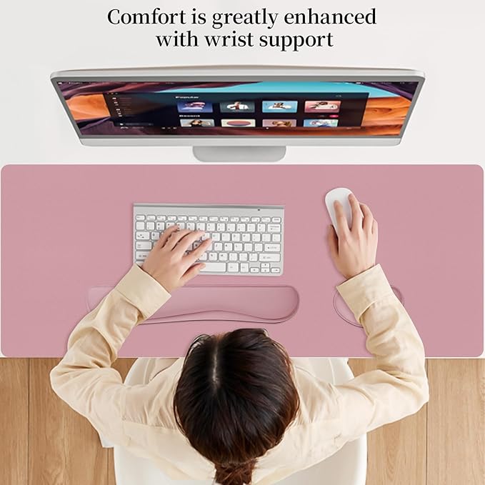 Mouse Pad and Keyboard Wrist Rest, 3-in-1 Large Keyboard and Mouse Pad Set, Ergonomic Wrist Rest for Computer Keyboards, Non-Slip Desk Mat Protector for Women (Purple Pink, 35.4" X 16.9")