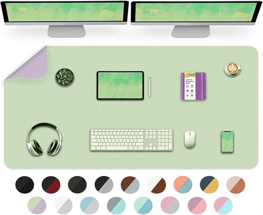 Dual-Sided Desk Mat, Large Pad, Waterproof Smooth PU Leather Blotter Protector, Mouse Pad, Desk Organizers, Office/Home Table Decor for Reading and Writing (Matcha+Purple, 47.2''23.6'')