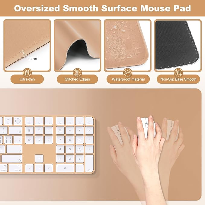 4-in-1 Large Gaming Mouse Pad, Keyboard Wrist Rest Pad & Wrist Support Mousepad Set, Extended Desk Pad Waterproof Desk Mat Protector for Home Office Decor Study Game 35.4×15.7 Inches I Milk Tea Brown