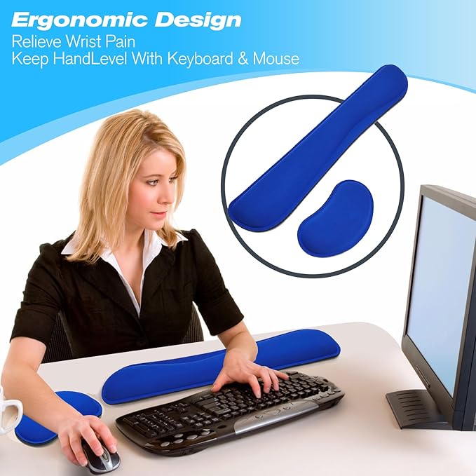 Keyboard Wrist Rest and Mouse Wrist Rest Set - Ergonomic Memory Foam Wrist Cushion - for Wrist Support on Computer, Laptop, Office, Playing Games, Typing Relieves Wrist Pain Navy Blue