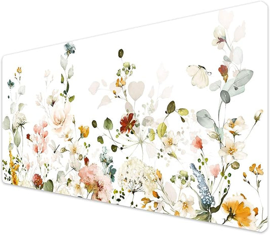 French KOKO Desk Mat, Large Desk Pad Large Mouse Pad Cute Desk Accessories Home Office Essentials XL Desk Mat Desk Pad Keyboard Mouse Desk Pads Computer Cute Women Girls (Floral White, 36" x 16.5")