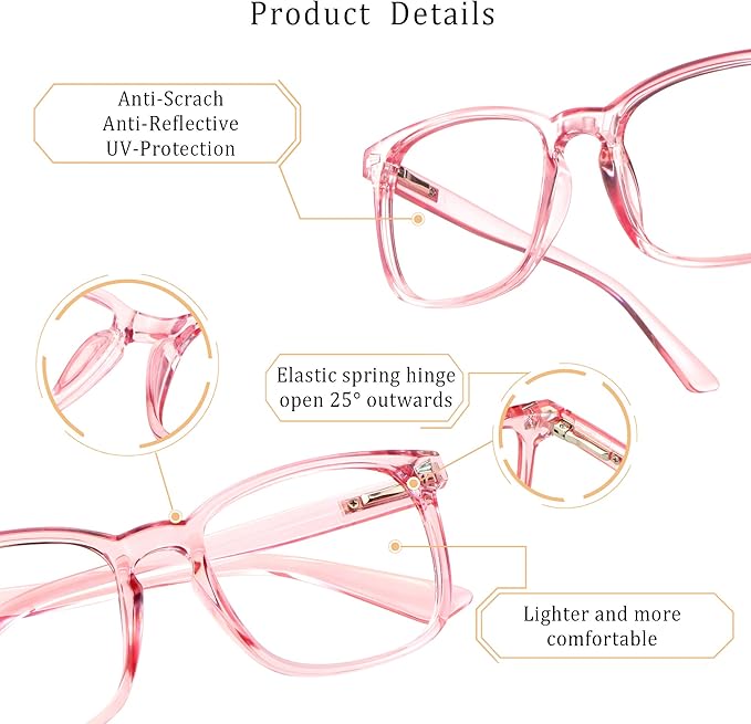 LifeArt 2 Pairs Blue Light Blocking Glasses with Spring Hinge, Computer Reading Glasses, Gaming Glasses, TV Glasses for Women Men (Champagne&Pink, +2.00 Magnification)