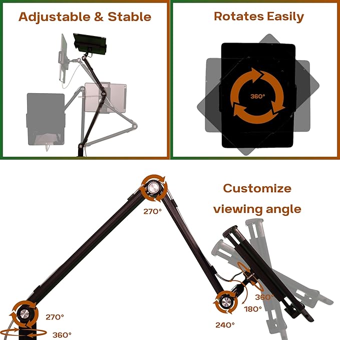 Stand for 16 Inch Portable Monitor - Heavy Duty Aluminum Mount with Infinite Angle Adjustment, Built-in Cable Management - Fits iPad Pro 12.9, Tablets, iPhone (Holds 4.7"-16" Devices)