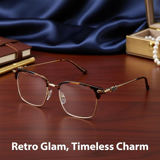 IGnaef Unisex Retro Blue Light Blocking Glasses Trendy Semi-Rimless Anti Eyestrain & UV Glare for Gaming & Reading