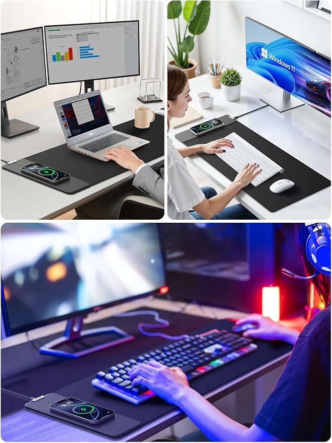 2-in-1 Mouse Pad with Wireless Charging, Gaming Mouse Pad, 31.5"x11.8" Large Desk Mat for Laptop/Keyboard, Waterproof Smooth Surface, Non-Slip Base, No Adapter