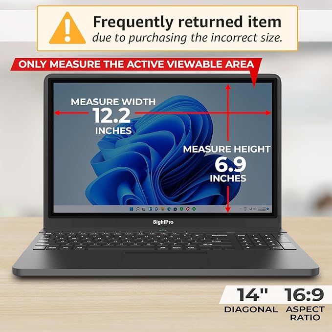 SightPro 14 Inch 16:9 Laptop Privacy Screen Filter - Privacy Shield and Anti-Glare Protector (Not Magnetic)