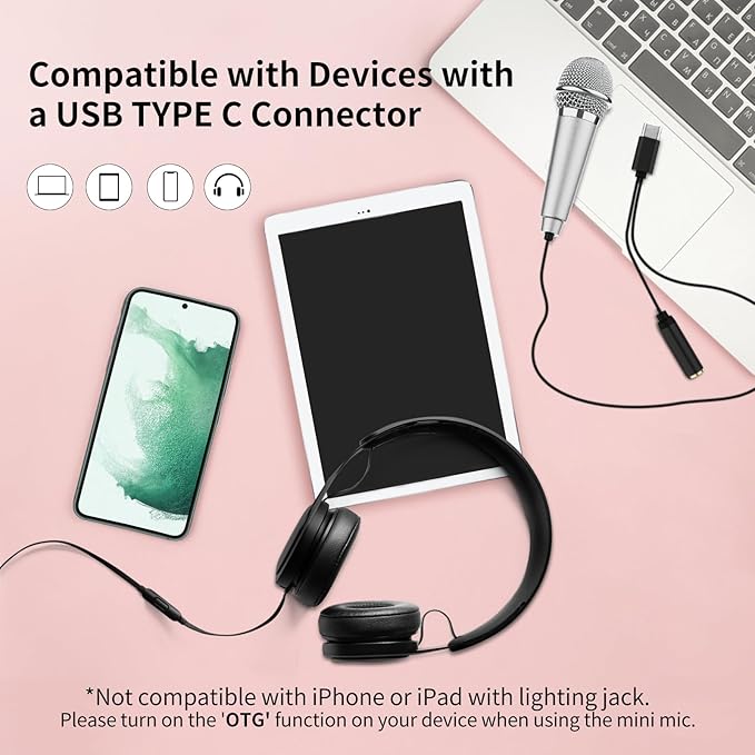 USB C Mini Karaoke Microphone for Android Phone, Laptop, Tablets Small ASMR Microphone for Voice Video Recording Singing, Vlogging, Podcasting YouTube (1 PCS Rose Golden)