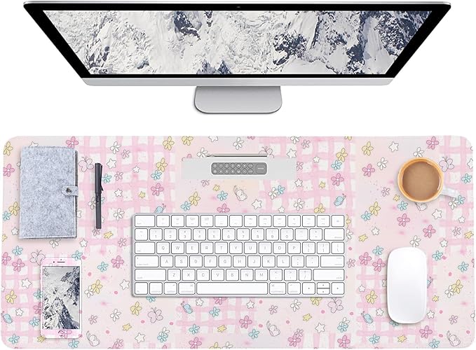 AUPET Leather Desk Pad Blotter Mat, Large Mouse Pad, Non-Slip Waterproof Desk Writing Pad Protector, Desk Decor for Office，Home，Gaming (Pink-Checkered Flower Butterfly, 35.4X15.7 inch)