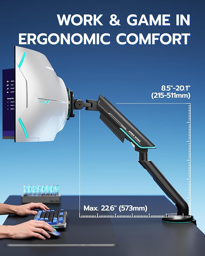 ARES WING Single Monitor Mount, Heavy-Duty Gaming Monitor Arm fits for 24"-57" Ultrawide Screen, Adjustable Computer Monitor Stand Holds Up to 60LBS with VESA Mount, Clamp & Grommet, Black
