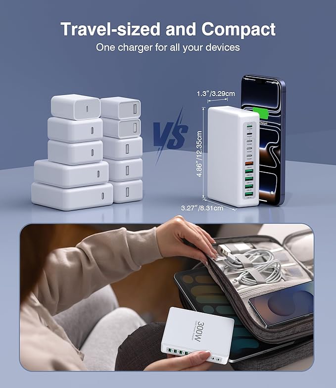 300W USB C Charging Block, 10-Port USB C Charging Station PD 100W Laptop Fast Charger Adapter for MacBook Air/Pro, iPhone17/16/15/14/13 Pro Max, iPad Pro, DELL, Samsung Galaxy
