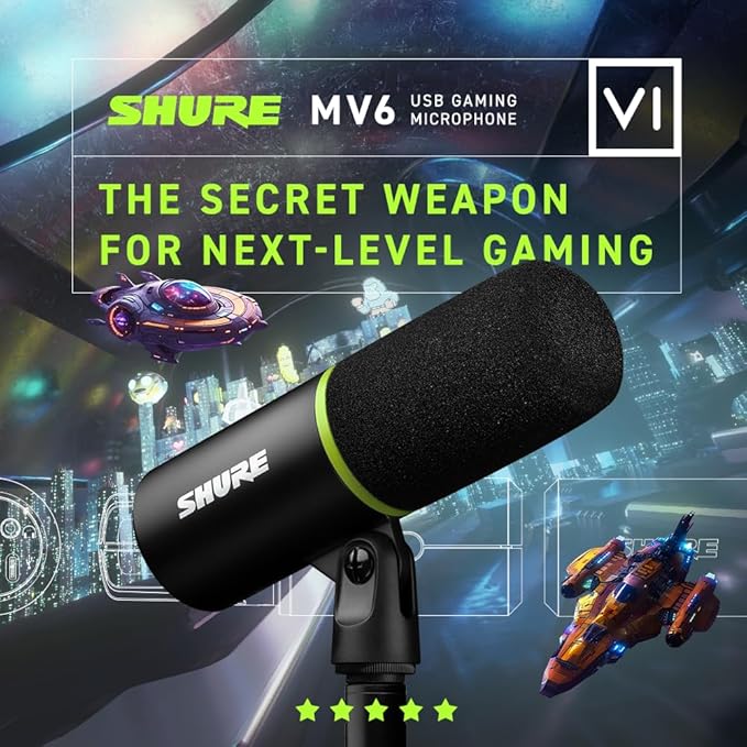 Shure MV6 Gaming Microphone – Dynamic USB Mic for PC Gaming & Streaming with Tap-to-Mute, Noise Cancellation, Desktop Stand & 3.5mm Headphone Monitoring, Black