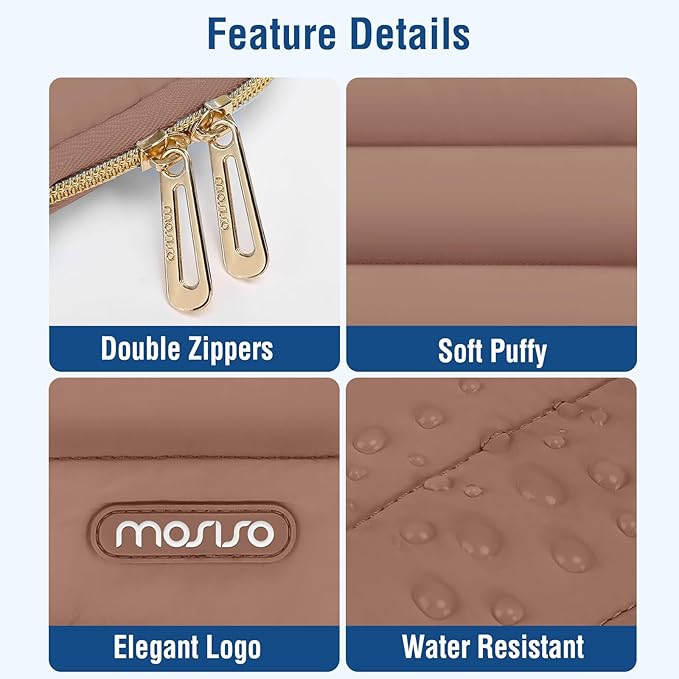 MOSISO Laptop Case 13.3 inch,13-13.3 inch Puffy Laptop Sleeve Compatible with MacBook Air 13.6 M5 M4 M3 M2 M1/Neo/Pro 13/14,HP Dell ASUS Lenovo,Polyester Horizontal Bag with Small Case, Mocha