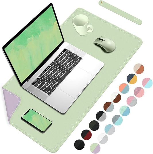 Bleswin Double-Sided Desk Mat, 23.6''×13.8'', PU Leather Mouse Pad, Waterproof Desk Pad, Laptop Leather Desk Mat, Protector for Keyboard and Mouse for Office and Home (Matcha+Purple)