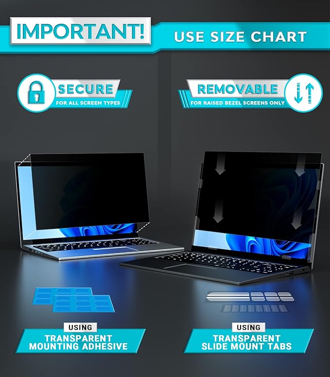 PYS Laptop Privacy Screen 16 Inch - Removable Laptop Screen Privacy Shield for 16:10 Widescreen Display - Anti Glare & Blue Light Screen Filters for Eye Protection - Black