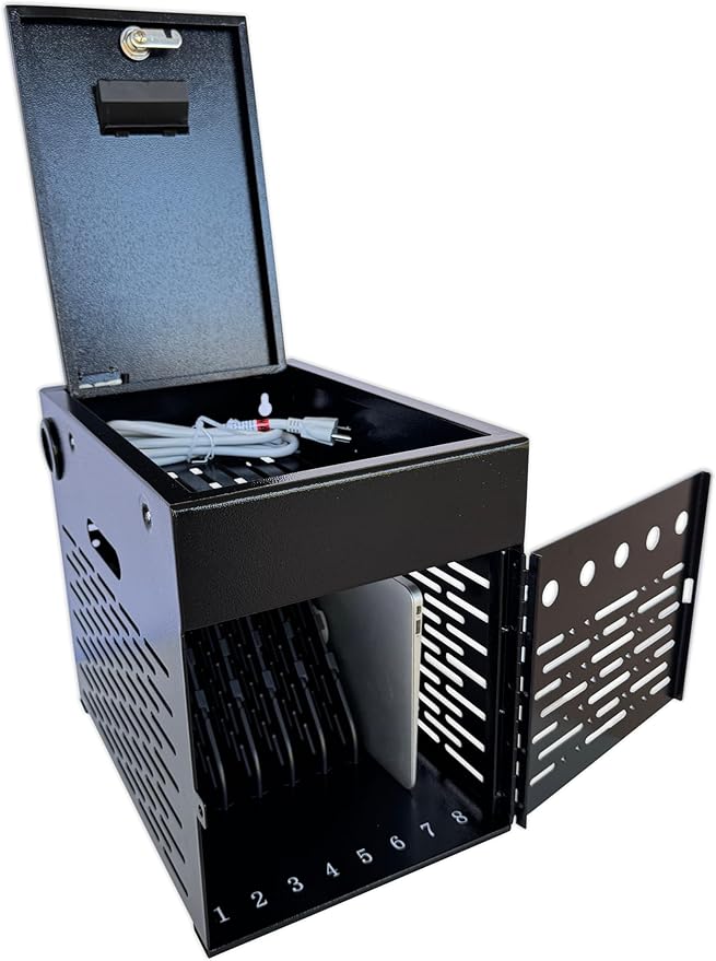 8-Device Tablet Charging Station, Lockable Steel Case Fits 14" Chromebooks, iPads, Laptops & Tablets, Secure Storage with 2 Keys, Ideal for Classrooms, Offices & Hospitals, Black