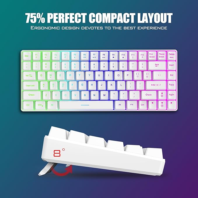 RedThunder K84 Wireless Keyboard and Mouse Combo, Rainbow Backlit Rechargeable Battery, 75% Layout TKL Ultra Compact Gaming Keyboard & Lightweight 3200 DPI Honeycomb Optical Mouse (White)