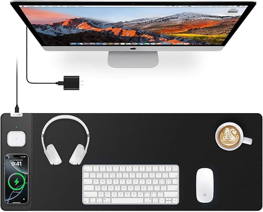 Magnetic Wireless Charging Mouse Pad, 27.5"x11.8" Gaming Desk Mat for Keyboard/Laptop, Non-Slip Base & 20W PD Adapter, Waterproof Smooth Desk Writing Pad for Gamer, Office & Home, Black