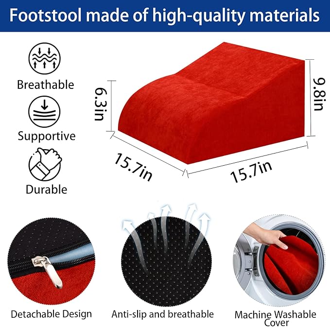 Foot Rest for Under Desk at Work, Ergonomic Under Desk Footrest with Washable Cover for Office, Home & Gaming Leg Elevation Pillow Red