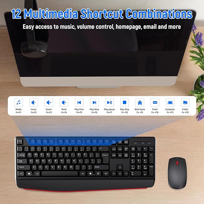 Wireless Keyboard and Mouse Combo-Full Size QWERTY Layout 2.4G Stereo Keycap Ergonomically Designed Mechanical Keyboard Set for Windows, PC,Laptop, Notebook,Computer with USB-A&Typ-C 2-in-1 Receiver
