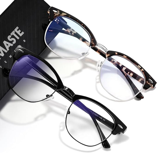 Blue Light Blocking Glasses Vintage Half Frame UV Clear Lens Anti Eyestrain Computer Gaming Glasses for Women Men (E-bright Black+leopard Silver)