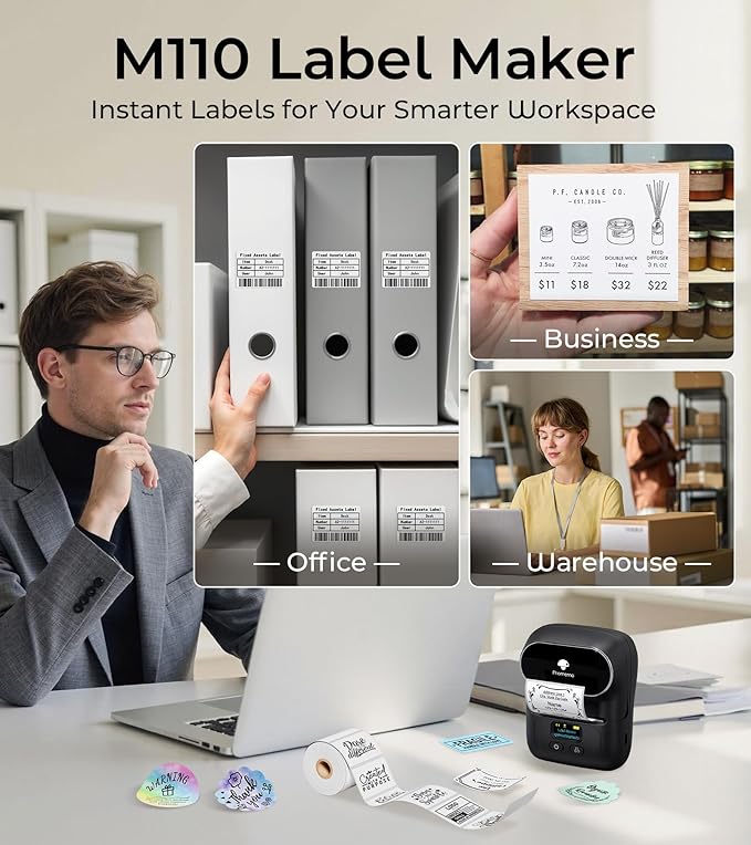 Memoqueen M110 Label Maker - M110 Barcode Label Printer Portable Bluetooth Maker Machine with Tape for Name Labels, Small Business, Address, Logo, Clothing Price Tag, Mailing, with 40x30mm Label