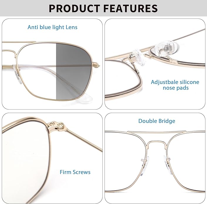 JM Aviator Blue Light Blocking Computer Glasses, Square Eye Protect Video Eyeglasses Anti Glare Men Women