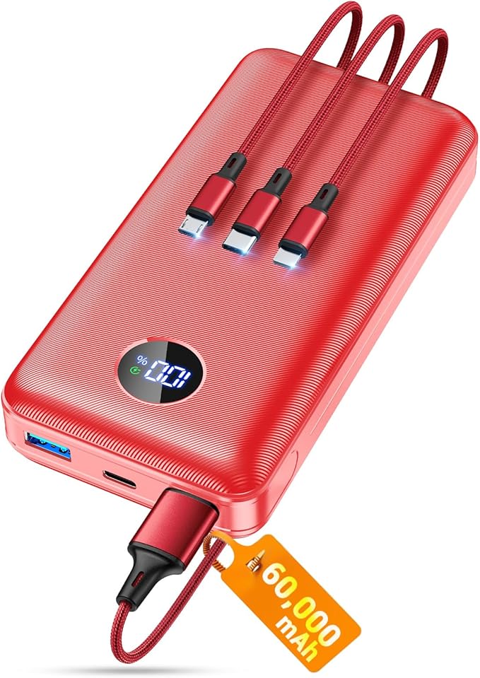 Portable Charger Power Bank, 60000mAh Battery Pack with 3 in 1 USB-C/iOS/Micro-USB Cable, 22.5W Fast Charging Portable Phone Charger, Travel Camping Essential Powerbank for iPhone 17/16 Samsung,Ruby