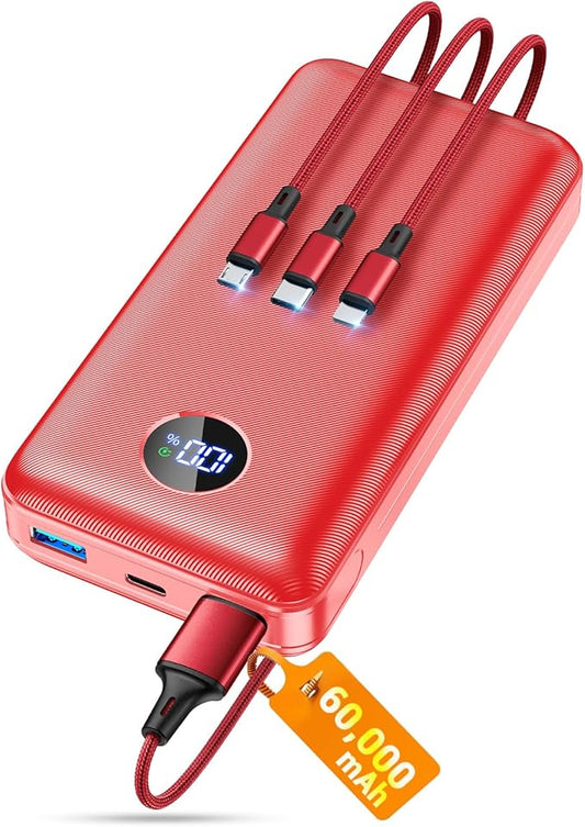 Portable Charger Power Bank, 60000mAh Battery Pack with 3 in 1 USB-C/iOS/Micro-USB Cable, 22.5W Fast Charging Portable Phone Charger, Travel Camping Essential Powerbank for iPhone 17/16 Samsung,Ruby