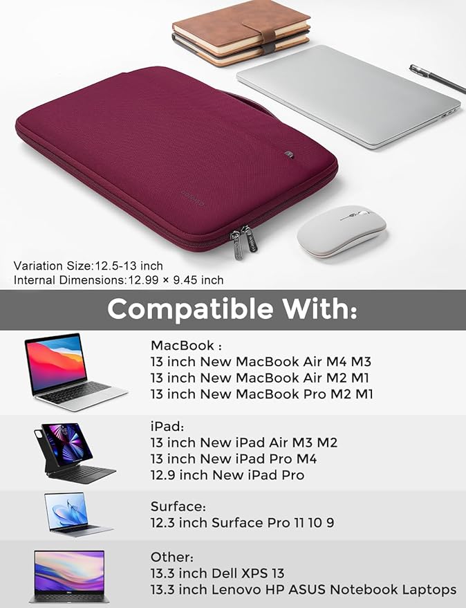 DOMISO Laptop Case Sleeve Protective Cover Compatible with MacBook Air 13 M4 M3 M2,MacBook Pro M2 M1,iPad Air/Pro,13 inch Dell,Lenovo, HP,Asus,Waterproof Computer Cases Bag with Handle,Wine