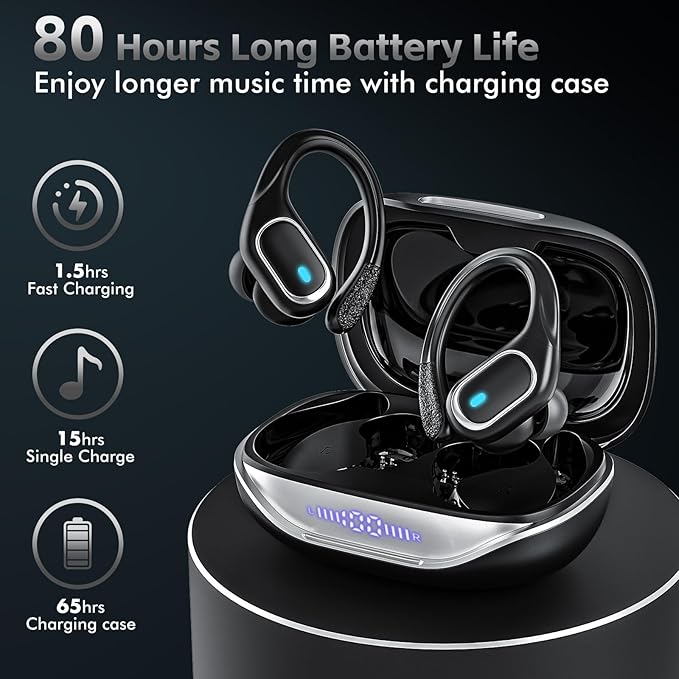 Wireless Earbuds Bluetooth 5.3 Headphones with 80H Playback, IPX7 Waterproof Over Ear Buds with LED Power Display for Sports Running Workouts