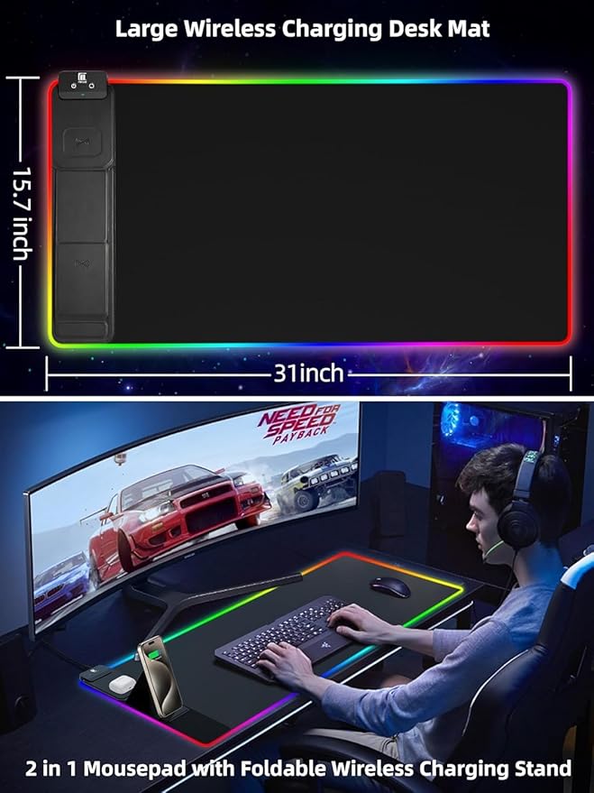 XXL Mouse Pad with Foldable Phone Holder - Black, RGB Desk Mat with 15W Fast Charging, LED Gaming Mousepad with 11 Light Colors, Waterproof Non-Slip Pad (Stand-XXL RGB Black PD Adapter)