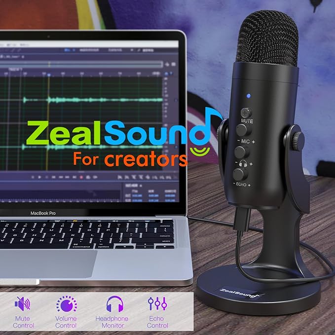 ZealSound Podcast Microphone for PC, Noise Cancellation USB Mic with Gain, Volume Adjustment & Mute Button, Monitoring & Echo, for YouTube, TikTok, Podcasting, Streaming, iPhone, iPad, Android, Mac