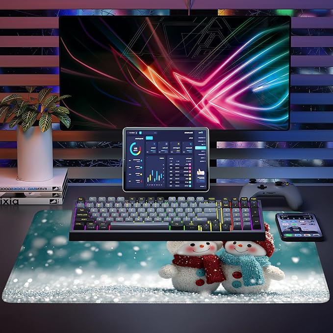 Mouse Pad, Large Anti-Slip with Stitched Edges Desk Mat Desktop Laptop Computer Desk Keyboard Mat,Table Protector Blotter Mat (Two Snowman, 35.4" x 15.7")