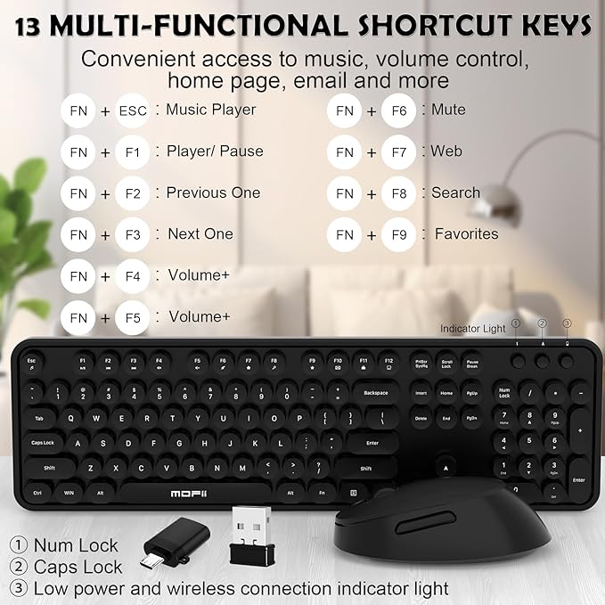Wireless Keyboard and Mouse, COOFUN Cute Colorful 104 Keys Full Size Typewriter Keyboards Retro Cordless Key Board Ergonomic Keyboards and Mouse Wireless for Windows, PC, Laptop, Desktop (Black)