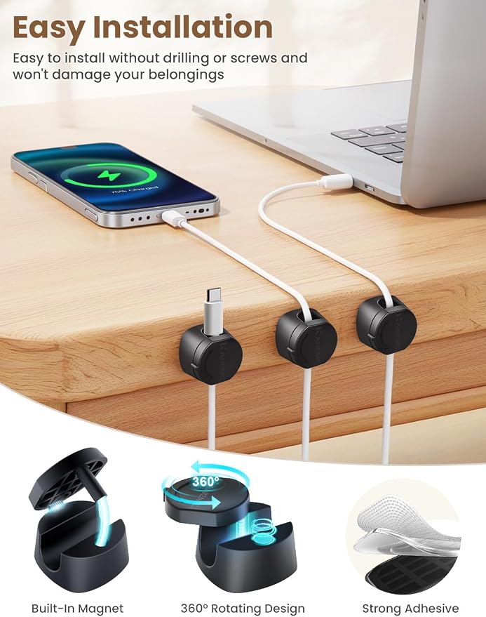 Kanemc Cable Clips Cord Holder for Desk, 360?? Spin Magnetic Wire Organizer Self Adhesive Cord Management for Office Desks Cars Home Kitchen Electronic Accessory (Black, 9 PCS) - Image 5