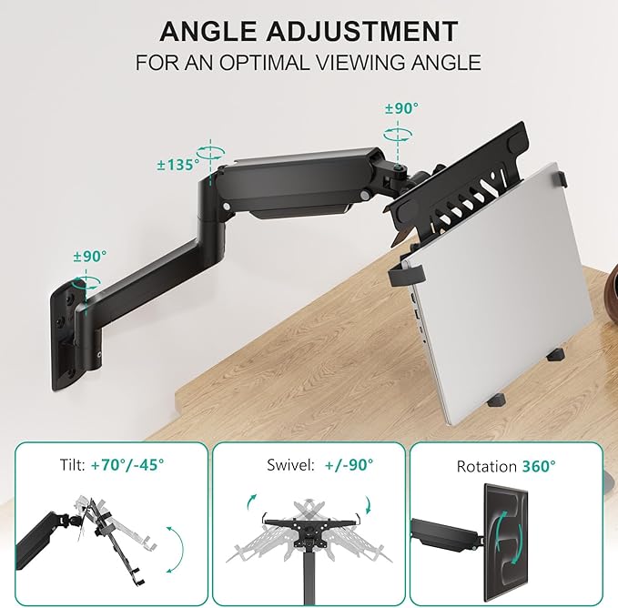WALI Laptop Wall Mount, Fully Adjustable Laptop Arm Fits 10 to 17" Notebook, 2-in-1 Monitor Wall Mount for 17 to 32" Computer Screen, Holds up to 15.4-22lbs(GSWM001NLP), Black